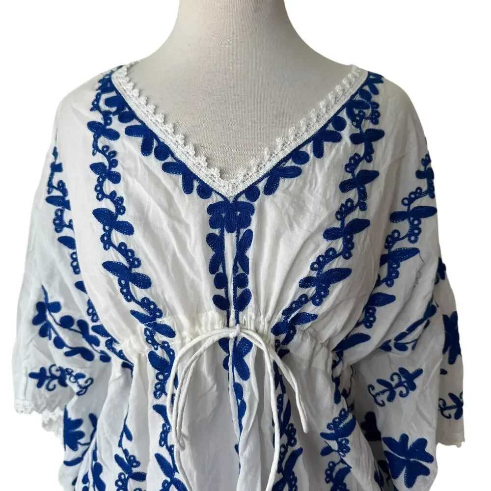 LA BLANCA Blue & White Embroidered Kaftan Swim Cover-up tunic V Neck Size XS